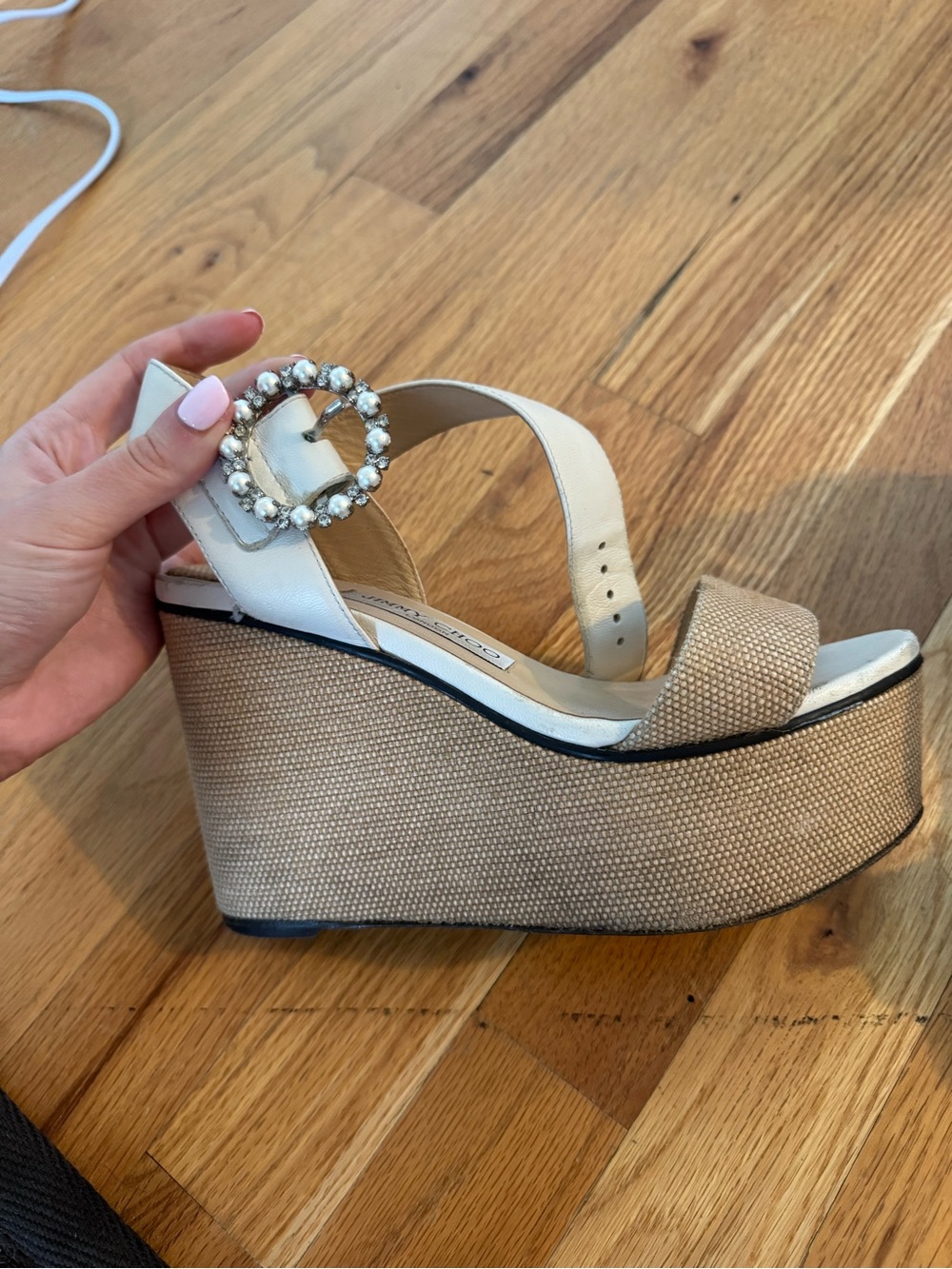 Jimmy Choo Tan & White Platform Wedges - Picture 3 of 14